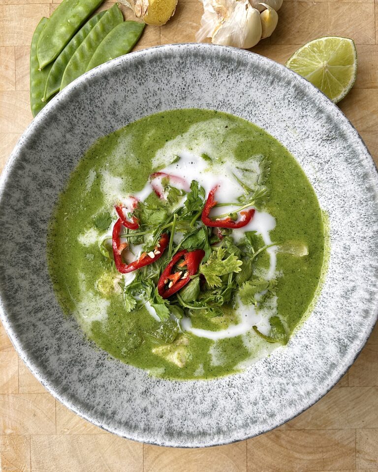 Bowl of Thai Green Chicken Curry made with Smarter Naturally broccoli soup