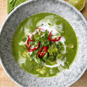 Bowl of Thai Green Chicken Curry made with Smarter Naturally broccoli soup